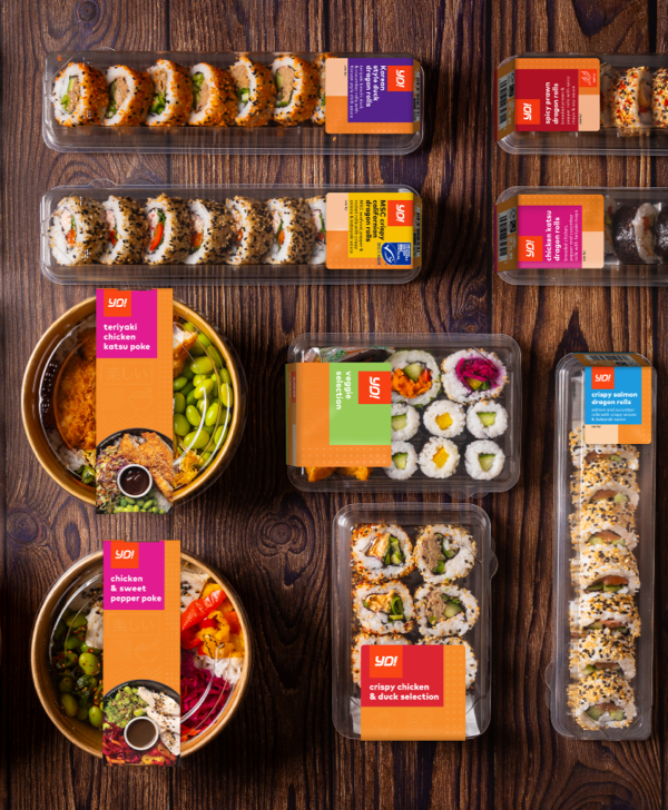 YO! branded sushi, snacks, poke, and salads
